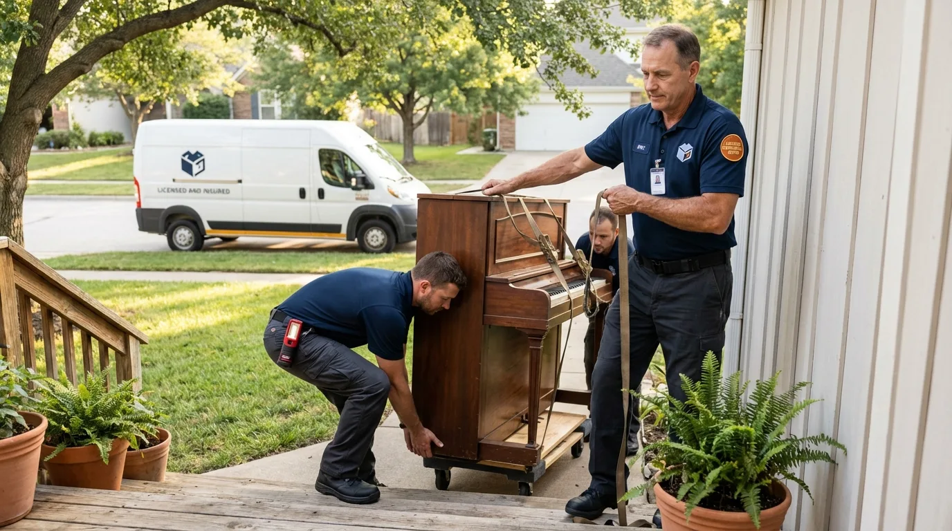 Licensed piano movers securing grand piano in Hanover, IN