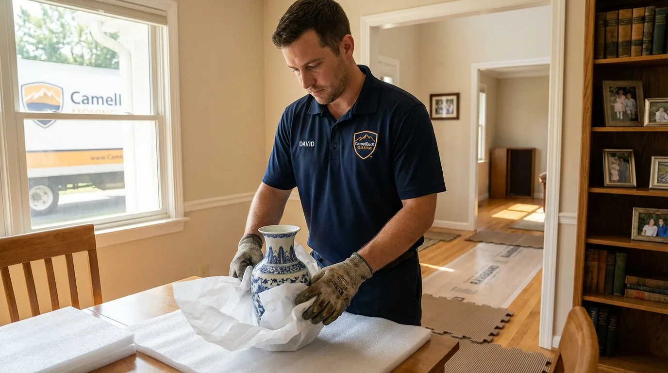 Professional crew carefully wrapping antique vase for senior downsizing move in Hanover, IN